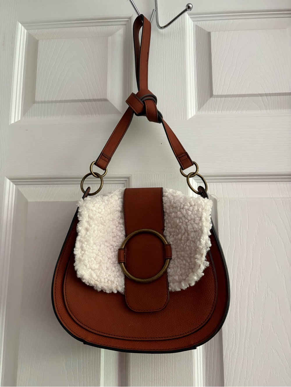 Brown Faux-Leather Saddle Bag with Cream Shearling Flap